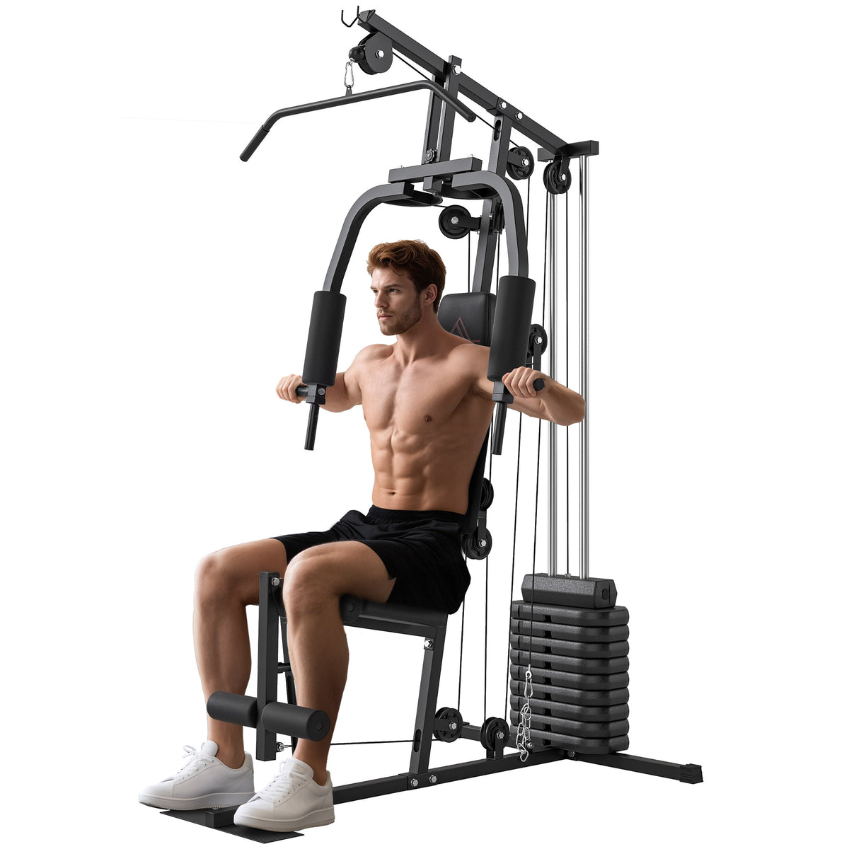 HOMCOM home gym machine with weight stack and chest press handles in use