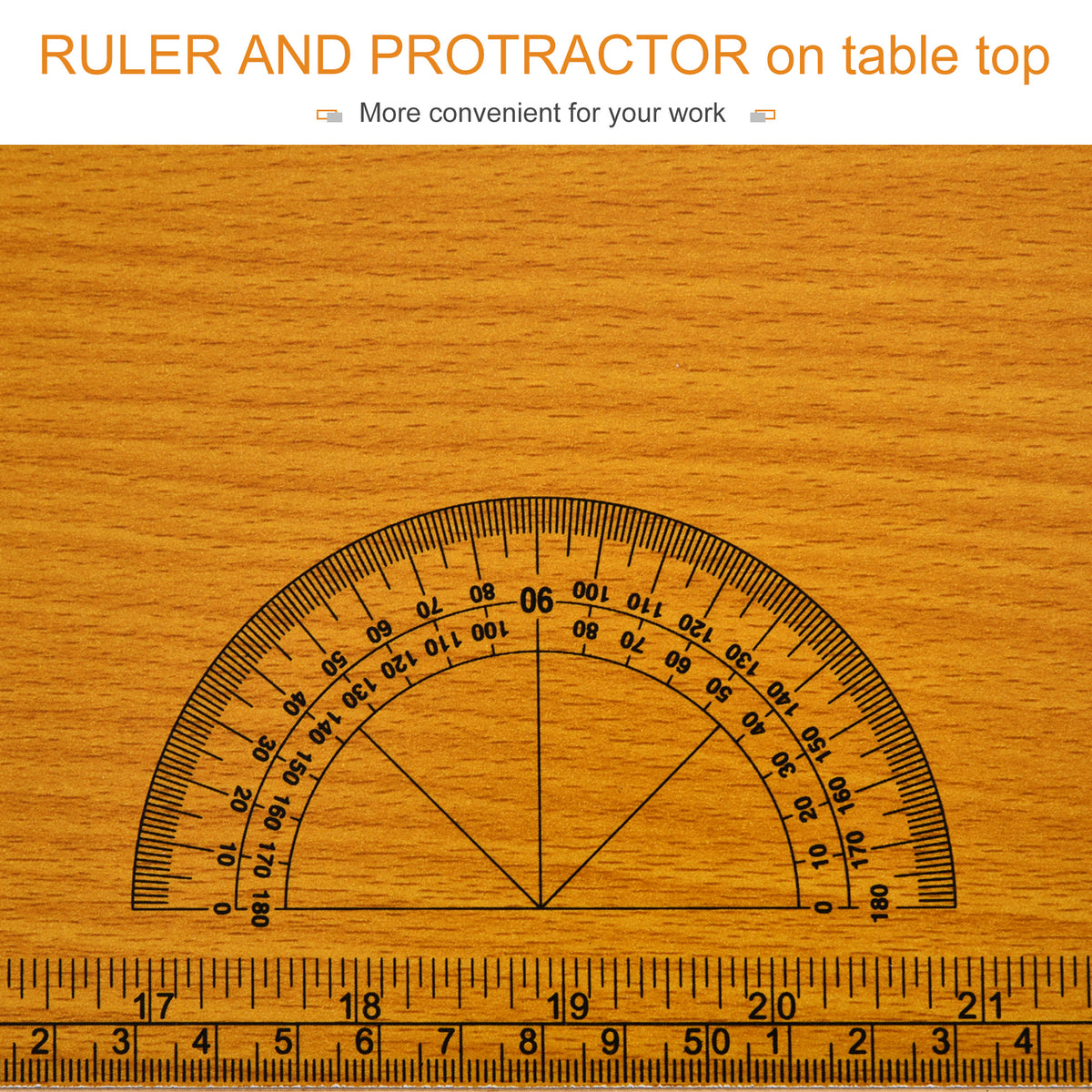 Wood-look workbench top with printed ruler and protractor markings
