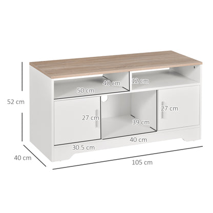 White TV stand with wood-look top, open shelves, two cabinets, and labeled dimensions.