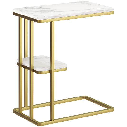 Photo of HOMCOM C-Shaped Narrow Side Table, 2-Tier Slim End Table, Nightstand for Small Spaces, Living Room, Bedroom, White Marble Grain in Grain colour on a white background