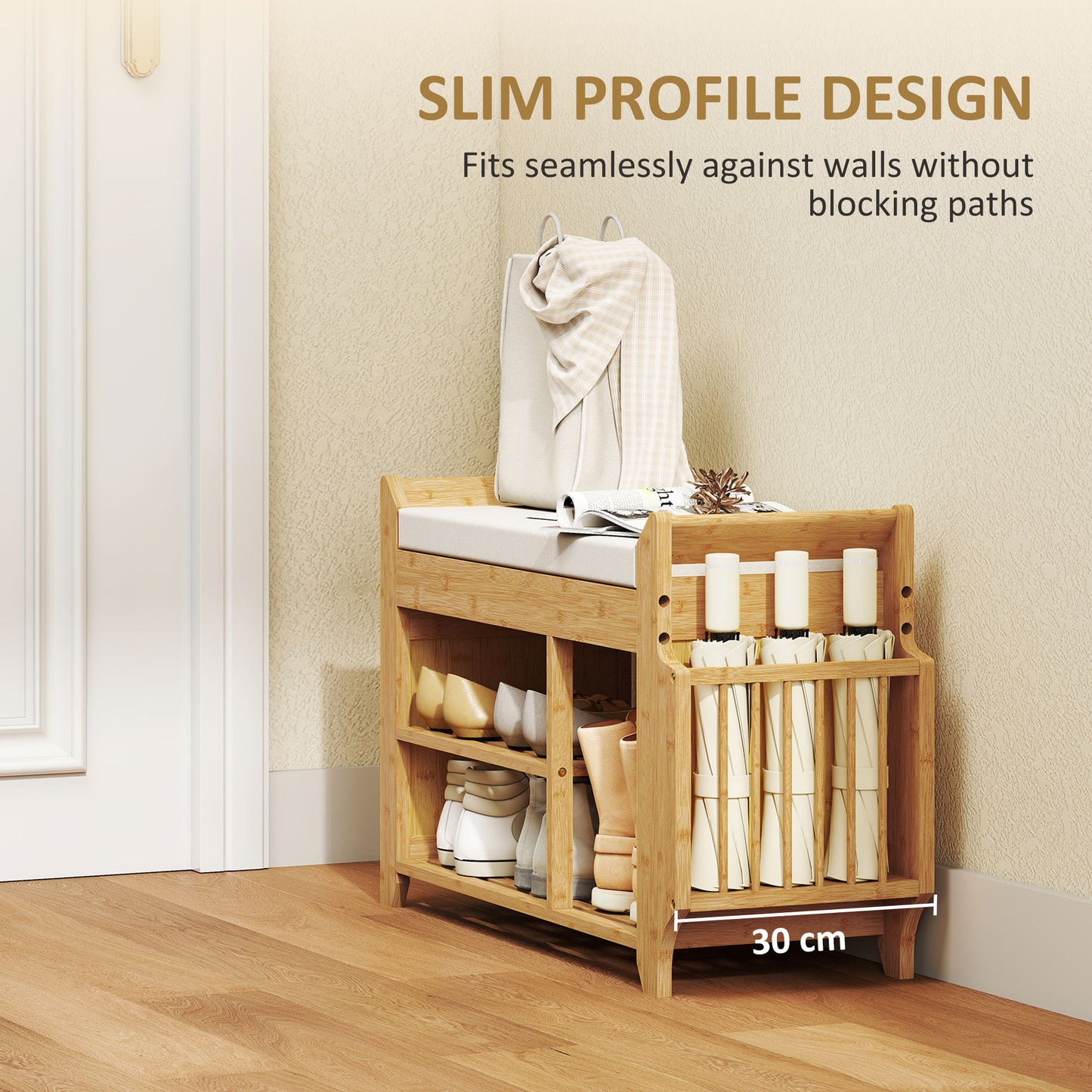 HOMCOM Shoe Bench 2-Tier Boot Section Entryway Storage Bench Cushioned Seat 100 x 30 x 50 cm Natural and Cream