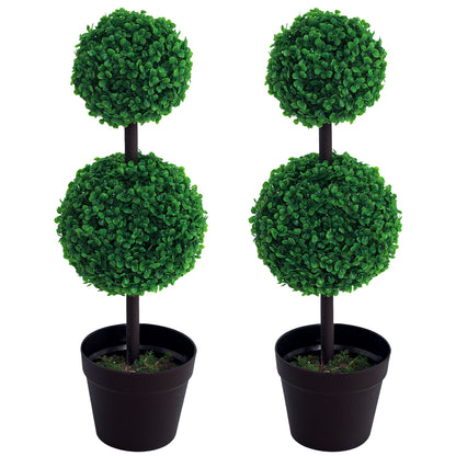 Pair of Outsunny artificial boxwood topiaries, each with two foliage balls and a black pot