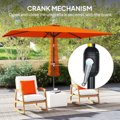 Orange garden parasol with crank handle for opening and closing