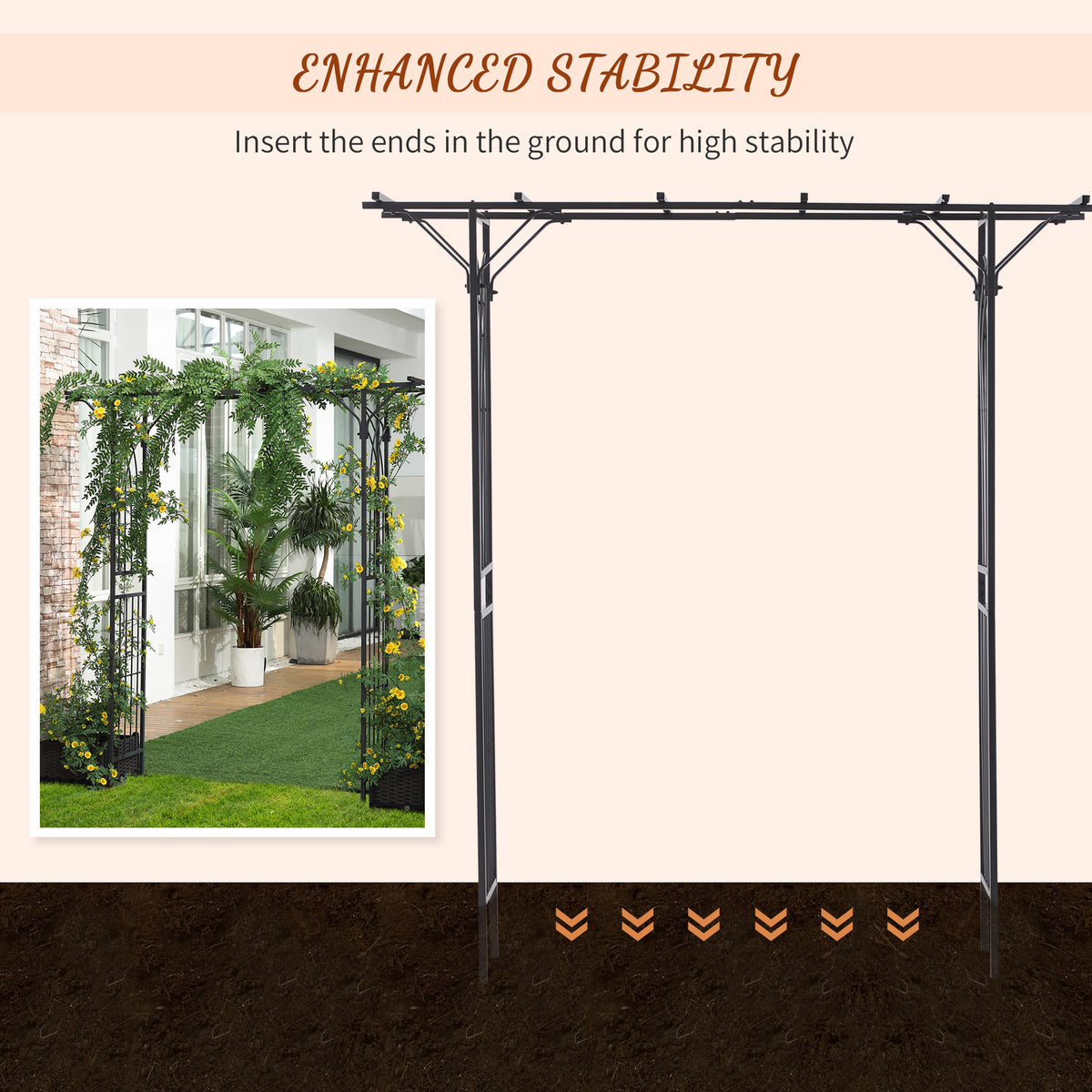 Metal garden trellis arch with ground stakes and climbing greenery