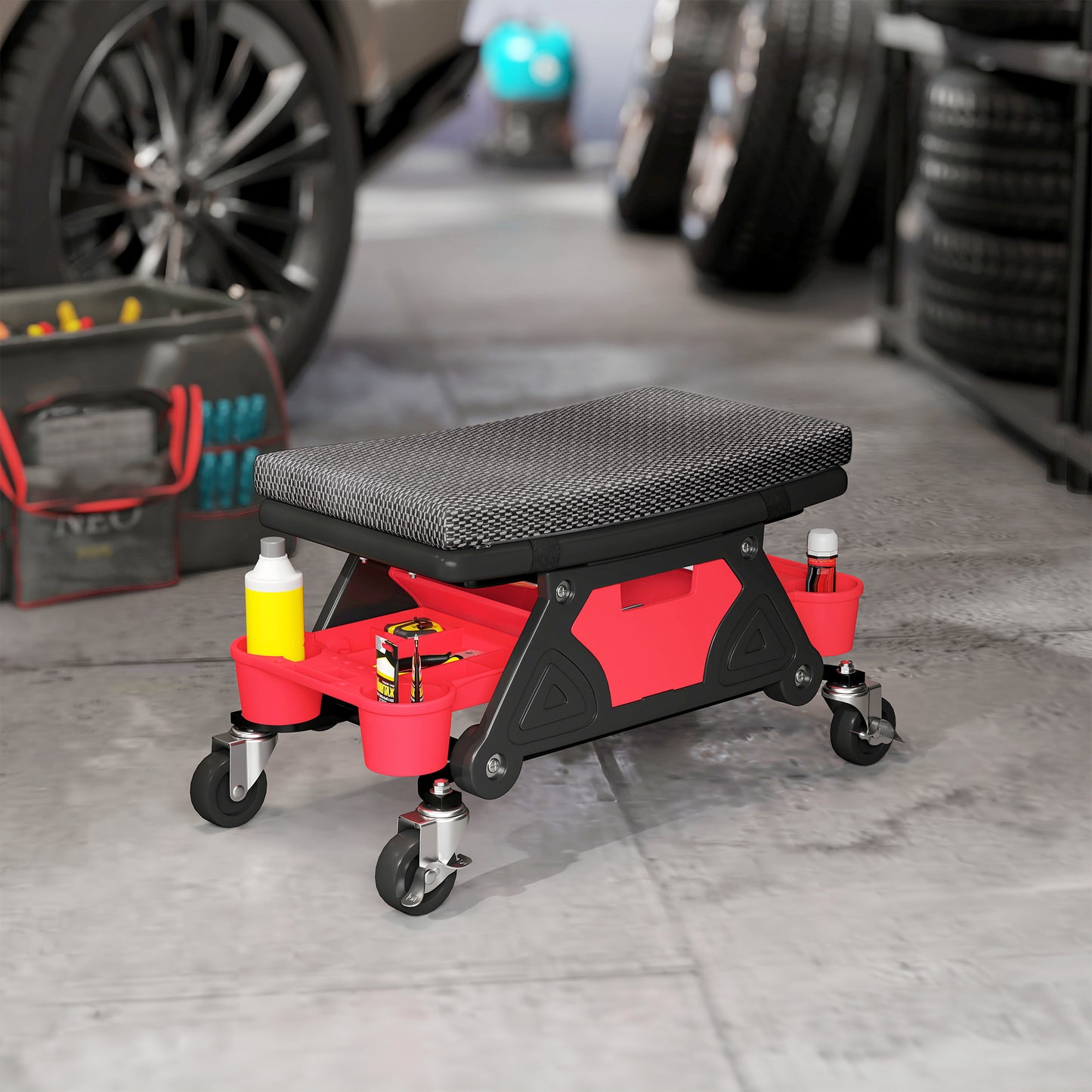 HOMCOM Rolling Mechanic Stool, 135kg Capacity Workshop Stool, 360° Swivel Roller Padded Creeper Seat with Wheels, Slide Out Tool Trays and Drawer for Garage, Shop, Auto Repair, Black