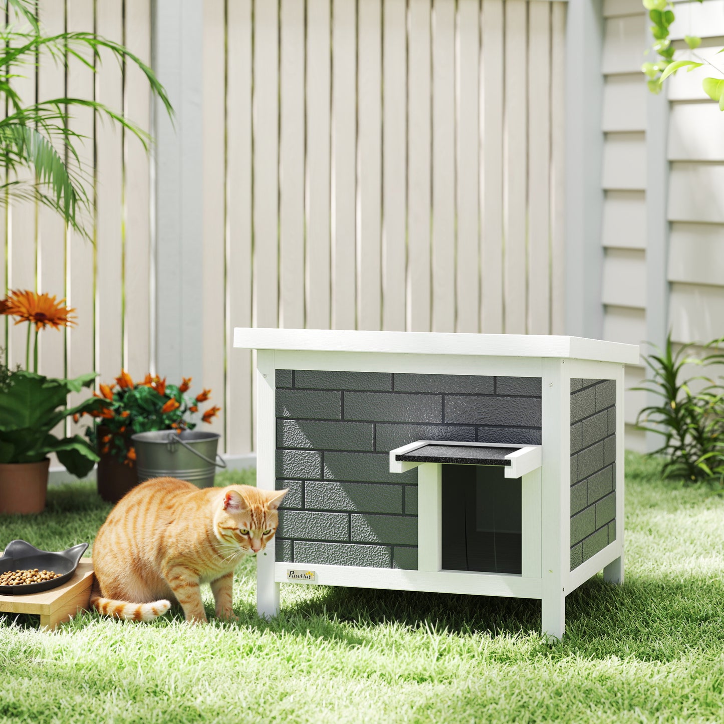PawHut Outdoor Cat House Insulated with Openable Roof, Weatherproof Feral Cat Shelter for Rabbits, Cats, Grey