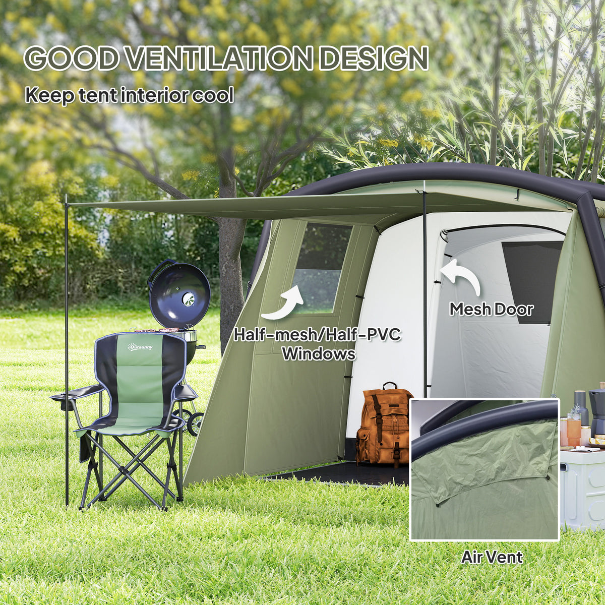 Outsunny Inflatable 3 Man Tunnel Tent w/ Air Pump, Living Area & Vestibule, Waterproof Family Camping Air Tent, Groundsheet, Removable Footprint for Hiking, 440L x 280W x 195Hcm, Olive Green