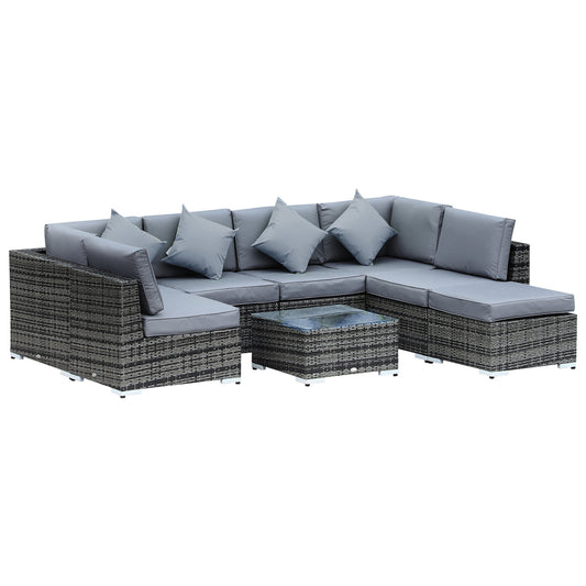 Photo of Outsunny 8 Piece Rattan Corner Sofa Set with Wide & Deep Seat, Assembled Aluminium PE Rattan Garden Furniture Set with Thick Cushions and Glass Top Table for Outdoor, Conservatory, Grey in Grey colour on a white background