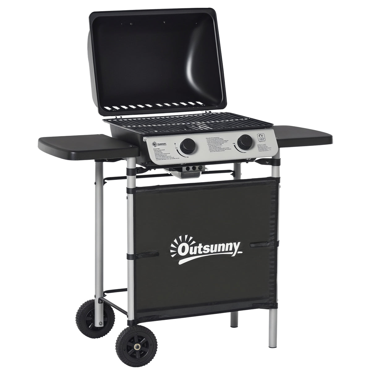 Outsunny black gas BBQ trolley with open lid, two burners, side shelves and wheels