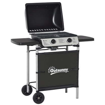 Outsunny black gas BBQ trolley with open lid, two burners, side shelves and wheels