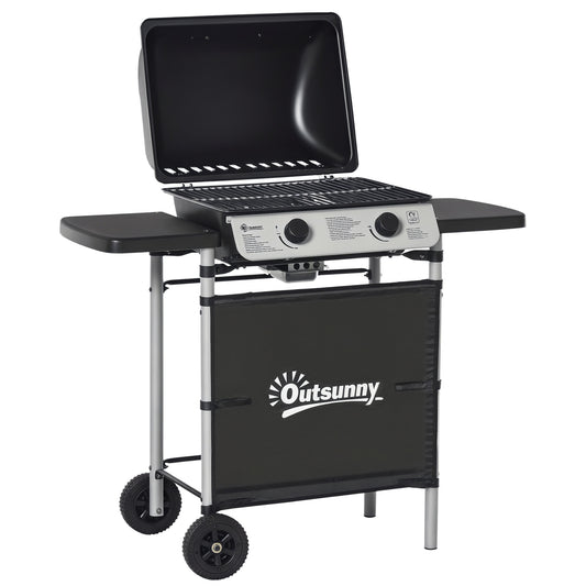 Outsunny black gas BBQ trolley with open lid, two burners, side shelves and wheels