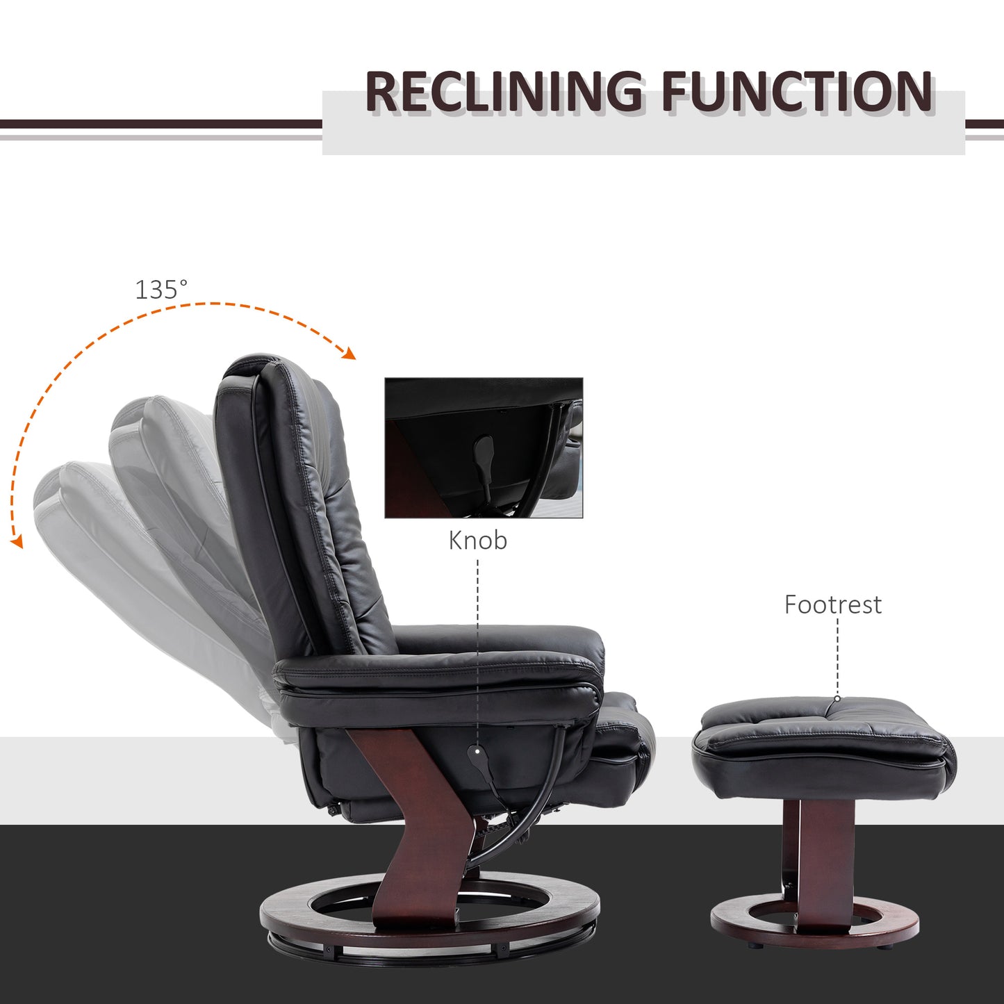 HOMCOM Recliner Chair With footstool, Recliner Armchair up to 130kg Weight Capacity, 135° Reclining Swivel Sofa Chair, PU Leather Ergonomic Couch Bed with Swivel Wood Base for Living Room, Black