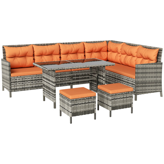 Photo of Outsunny 7-Seater Patio wicker Sofa Set Rattan Chair Furniture w/ Glass & Cushioned, Orange in Orange colour on a white background