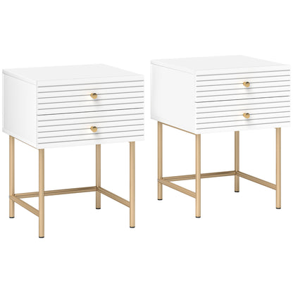 Pair of white bedside tables with two drawers, gold-tone pulls and metal legs