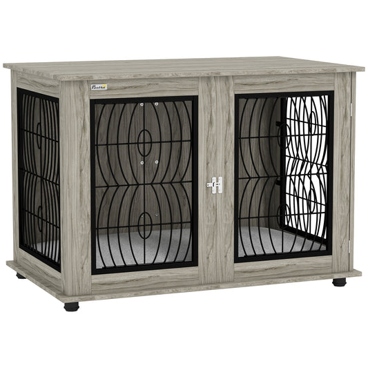 Photo of PawHut 46.46'' Dog Crate Furniture Table with Soft Washable Cushion and Lockable Door, for Large Indoor Dogs, Grey in Grey colour on a white background