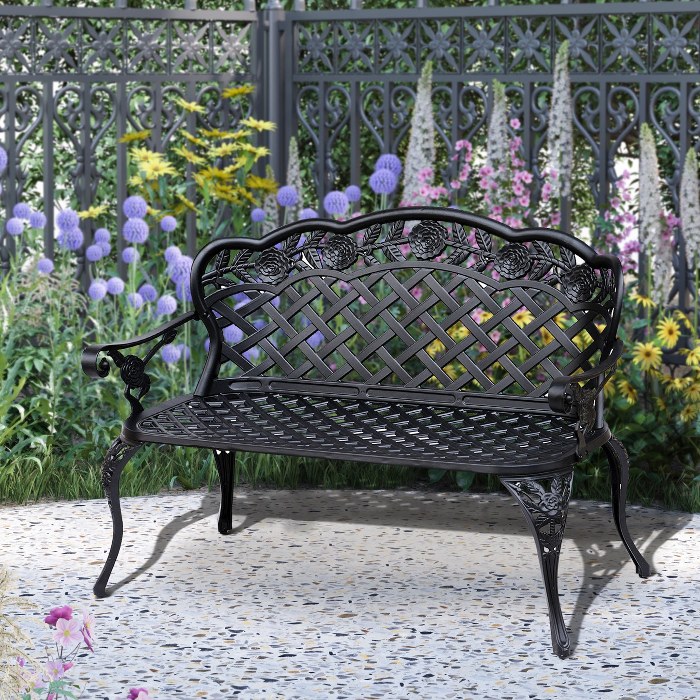 Outsunny Garden Bench, Cast Aluminium, 107Lx58Wx85H cm-Black