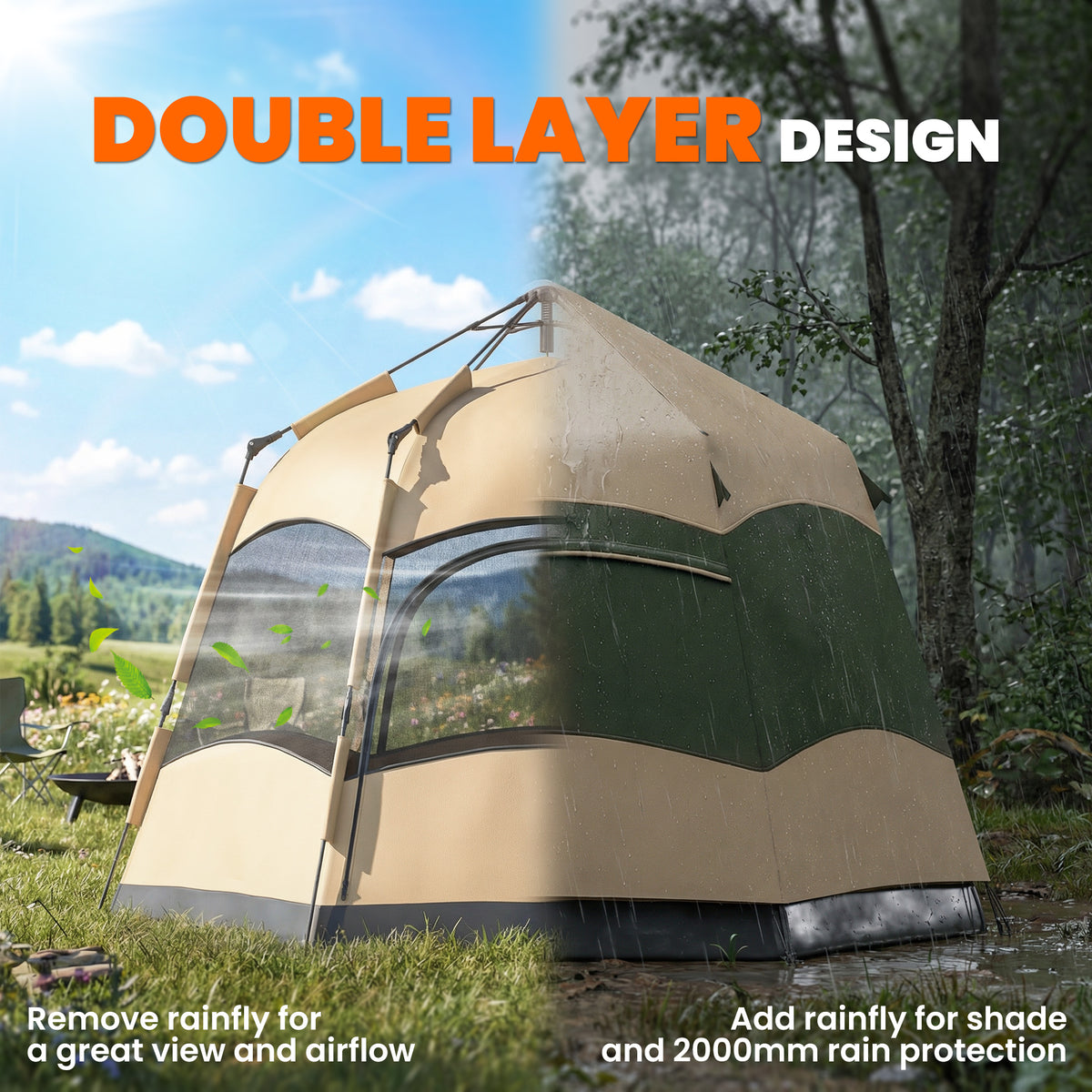 Outsunny 3 Man Instant Pop Up Tent with Rainfly, Portable Camping Shelter with Sewn-in Groundsheet, Carry Bag, Khaki