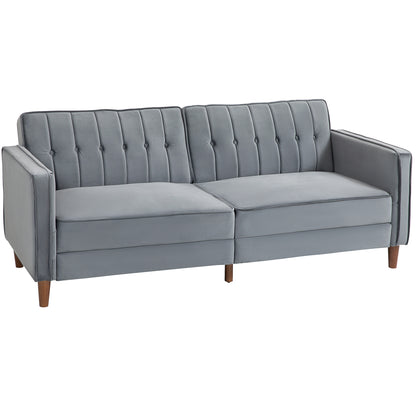Dark gray velvet-feel three-seat sofa bed with vertical tufting and wooden legs