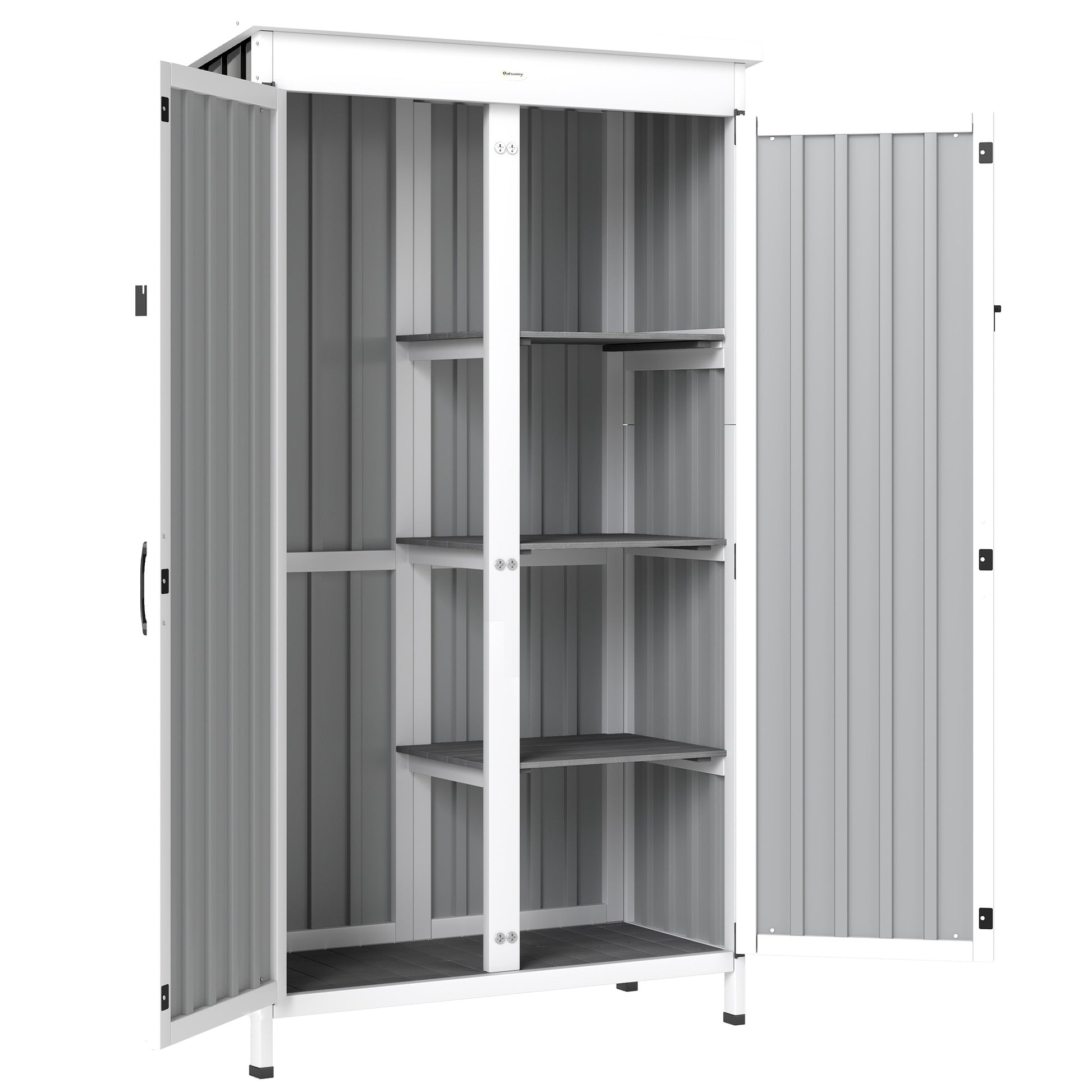 Photo of Outsunny Outdoor Storage Cabinet with Removable Shelves, Garden Tool Shed with Asphalt Roof, White and Black in Black colour on a white background