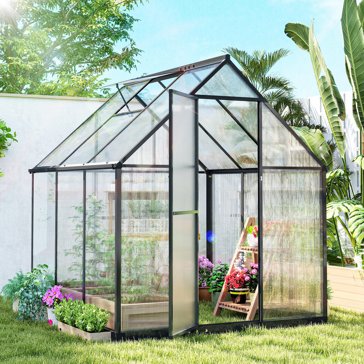 Outsunny 6 x 5.5ft Polycarbonate Greenhouse, Quick Setup Walk in Green House, Push Door, Adjustable Roof Vent, Rain Gutter, Black