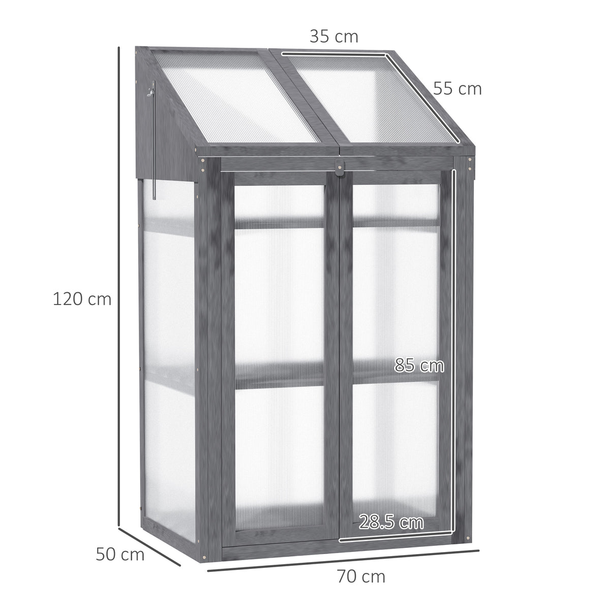 Grey wooden cold frame greenhouse with dimensions marked, 70 cm wide and 120 cm tall