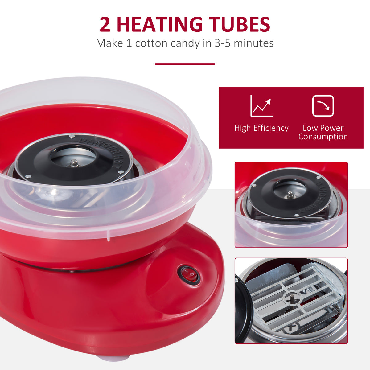 Cotton candy maker close-up showing the heating head, bowl, and internal heating tubes.