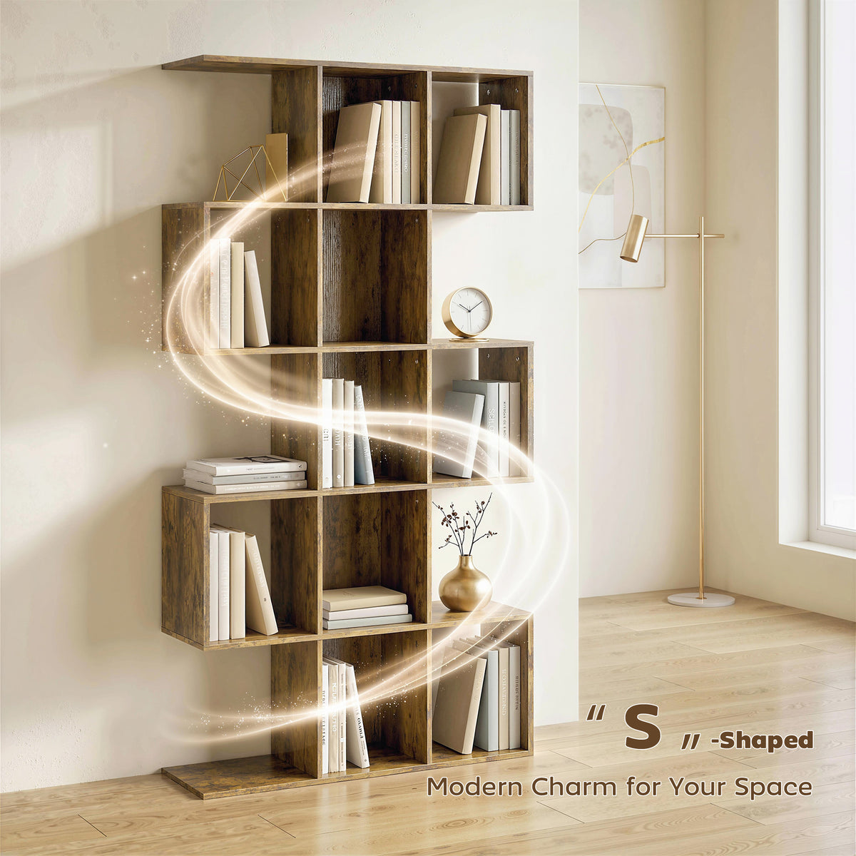HOMCOM 5-Tier Bookshelf, S Shaped Geometric Bookcase with 15 Compartments, Rustic Brown