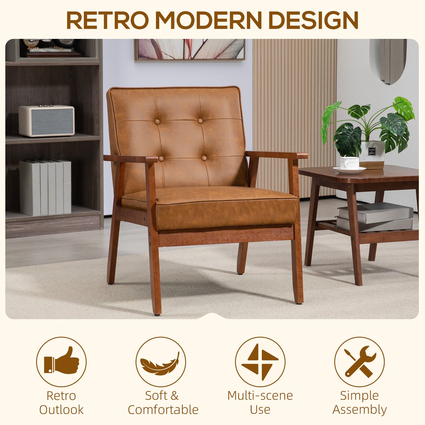 HOMCOM 2 Pack Retro-Style Accent Chair, with Faux Leather Seat - Brown
