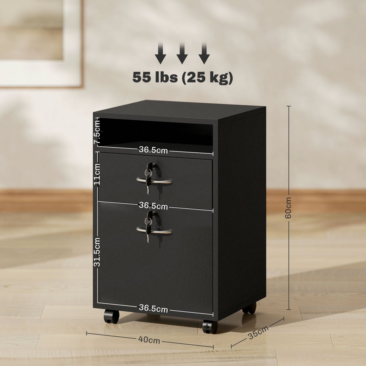 HOMCOM Filing Cabinet, Mobile File Cabinet with 2 Lockable Drawers, Office Home Organiser on Wheels for A4, Letter-Size File Folders, Mobile Printer with Open Shelf, Black