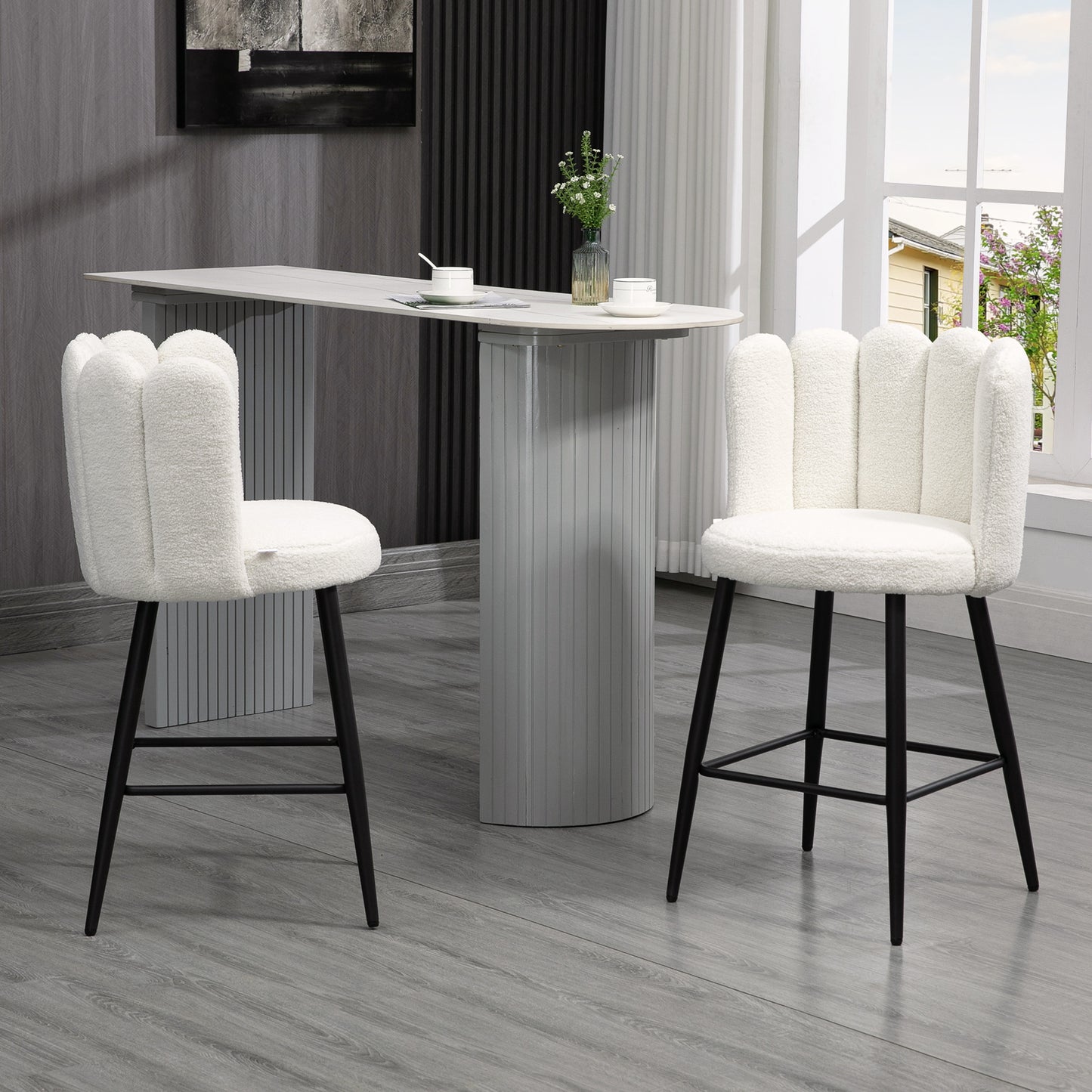 HOMCOM Bar Stools Set of 2, Modern Boucle Upholstered Shell Barstools, Breakfast Bar Chairs with Backrest, Footrest and Steel Base for Kitchen Counter, Cream