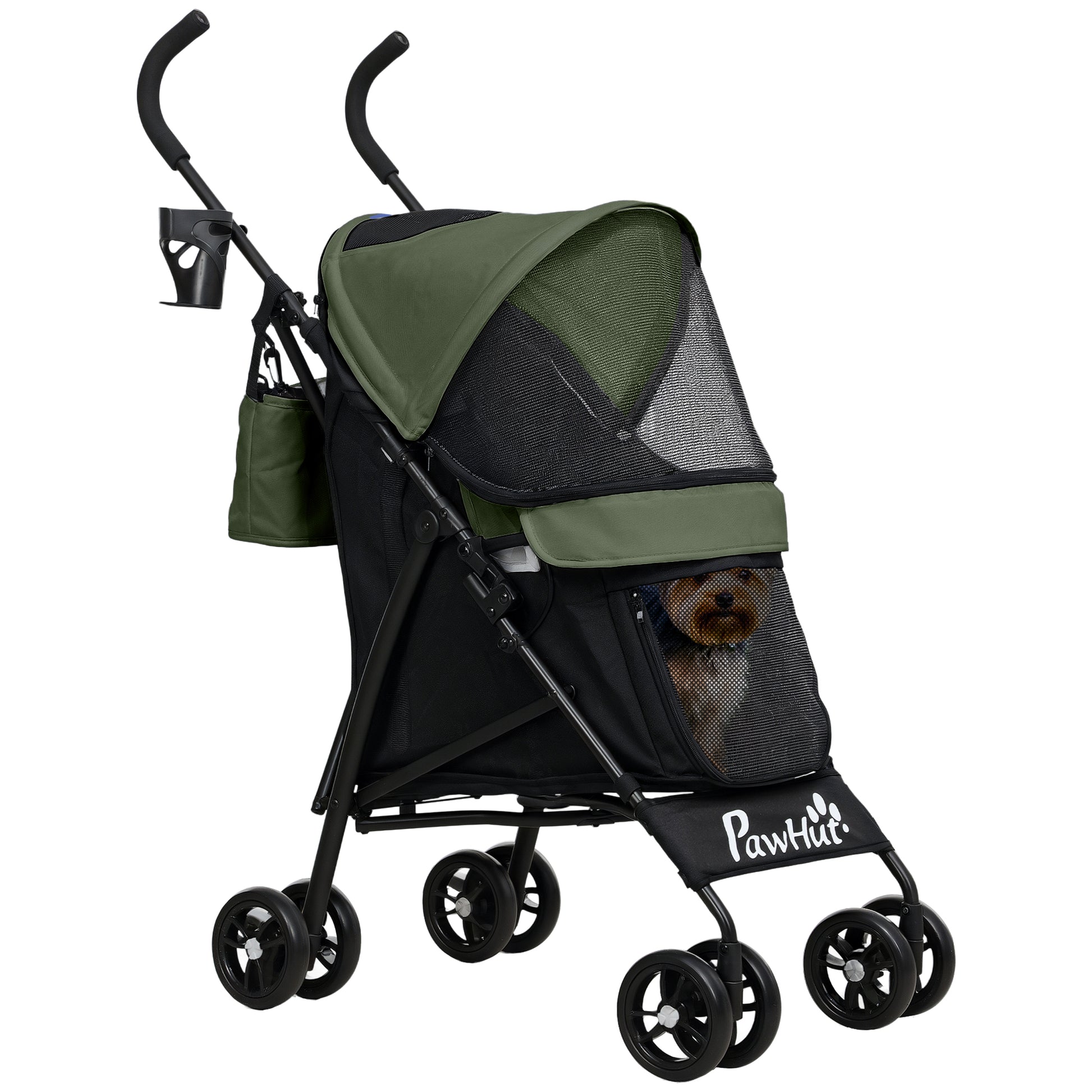 Photo of PawHut Foldable Dog Stroller, Lightweight Dog Pram w/ Shoulder Strap, Storage Bag, Cup Holder, Dark Green in Green colour on a white background