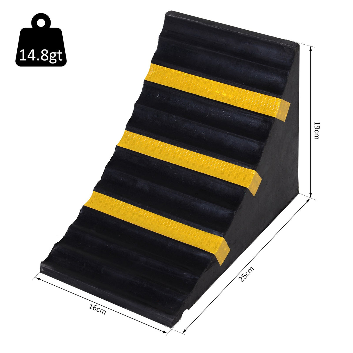 Rubber wheel chock with three yellow strips, shown with dimensions of 25 x 16 x 19 cm