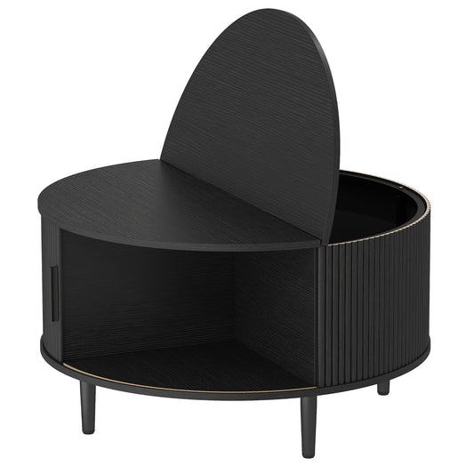 Photo of HOMCOM Coffee Table with Lift Top and Hidden Storage, Round Centre Table with Fluted Sliding Door, 80 cm, Black Wood Effect in Effect colour on a white background