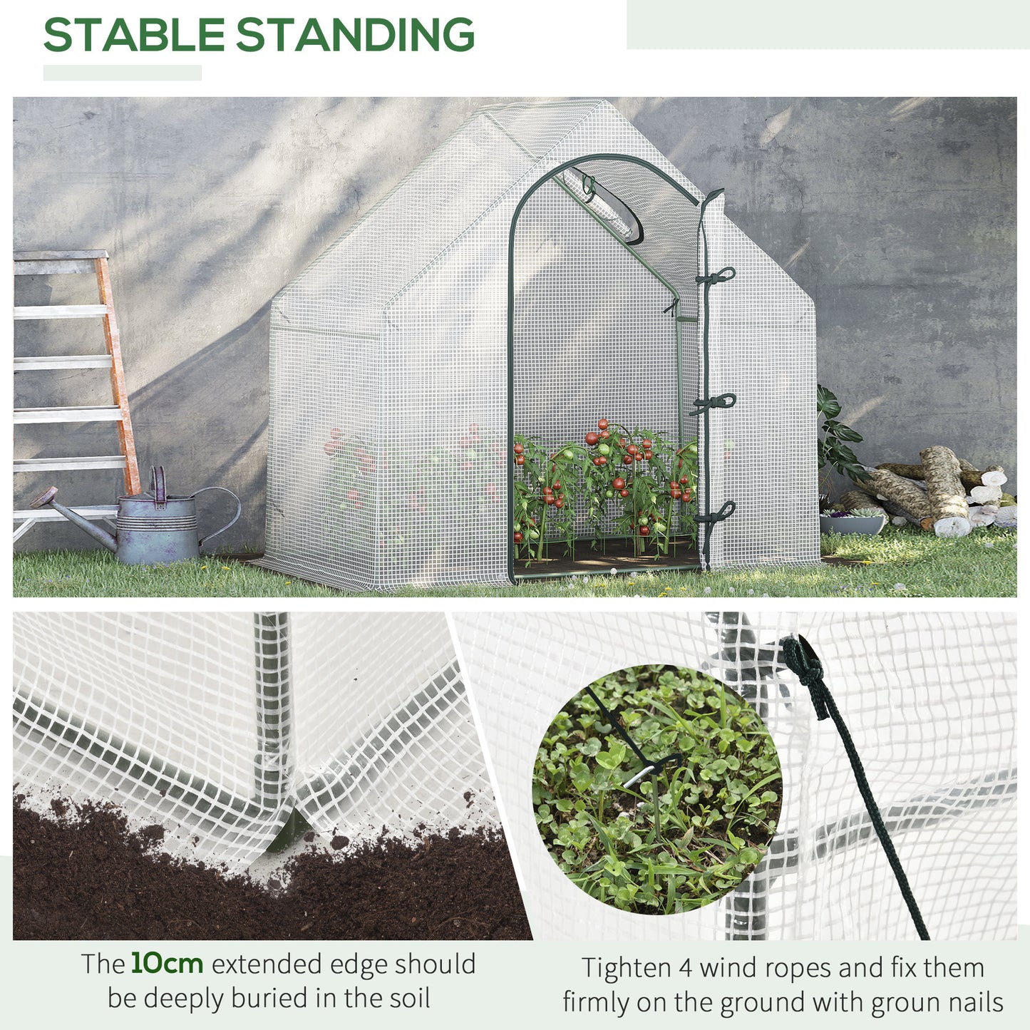 Outsunny Walk In Tomato Greenhouse Garden Outdoor Mini Greenhouse Flower Planter Steel Frame with Zipped Door & Window, PE Cover, 180 x 100 x 168CM,  White