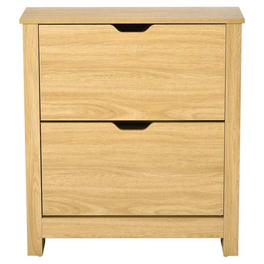 Natural wood shoe cabinet with two wide flip drawers and recessed black handles