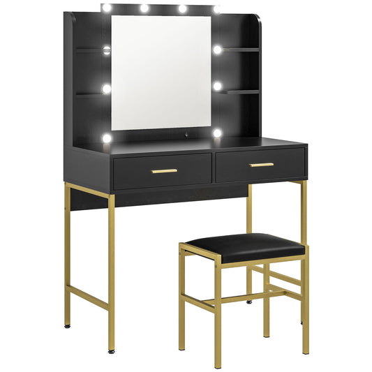 Photo of HOMCOM Dressing Table Set, with Storage and Stool - Black in Black colour on a white background