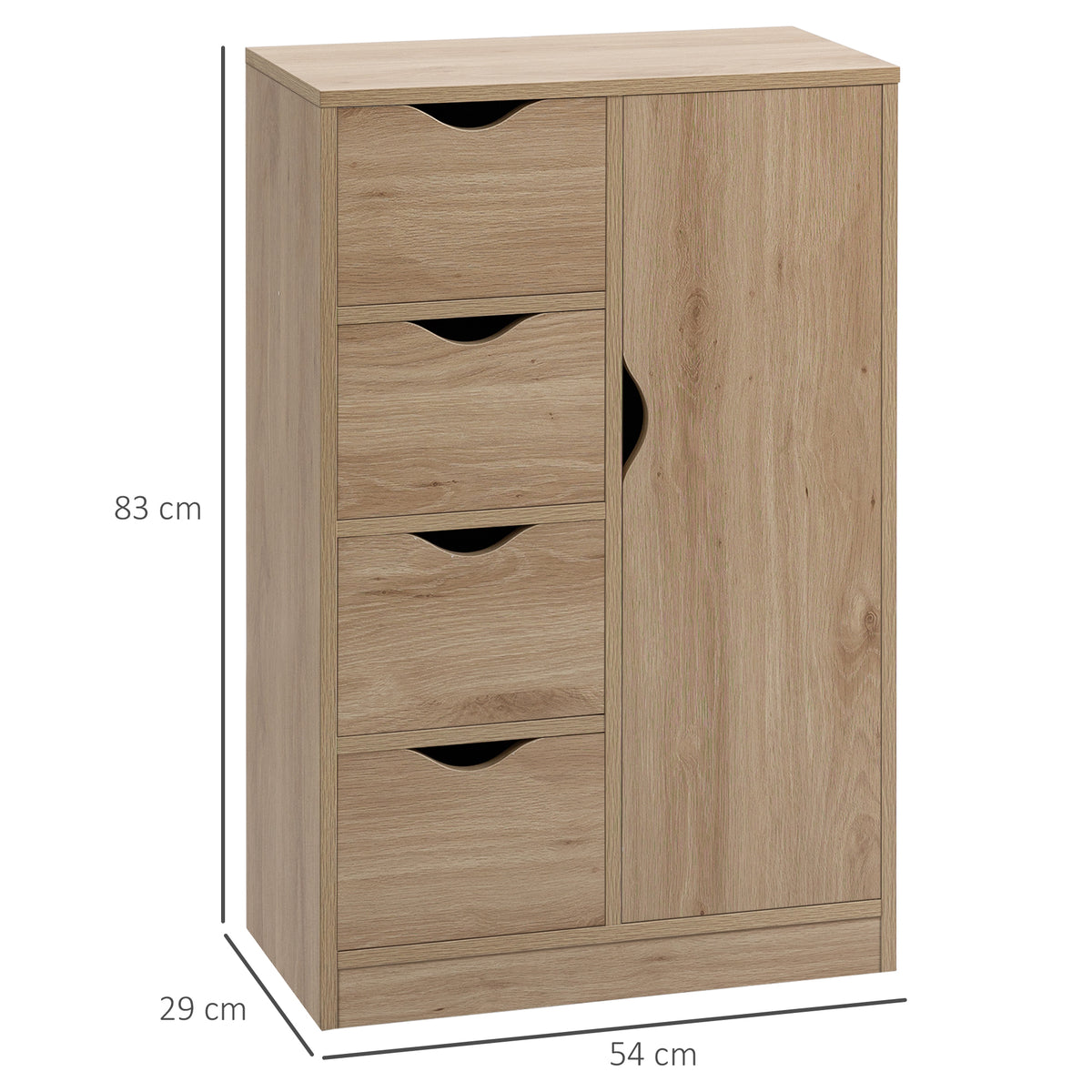 Natural wood cabinet with four drawers, one door, and dimensions of 83 x 54 x 29 cm