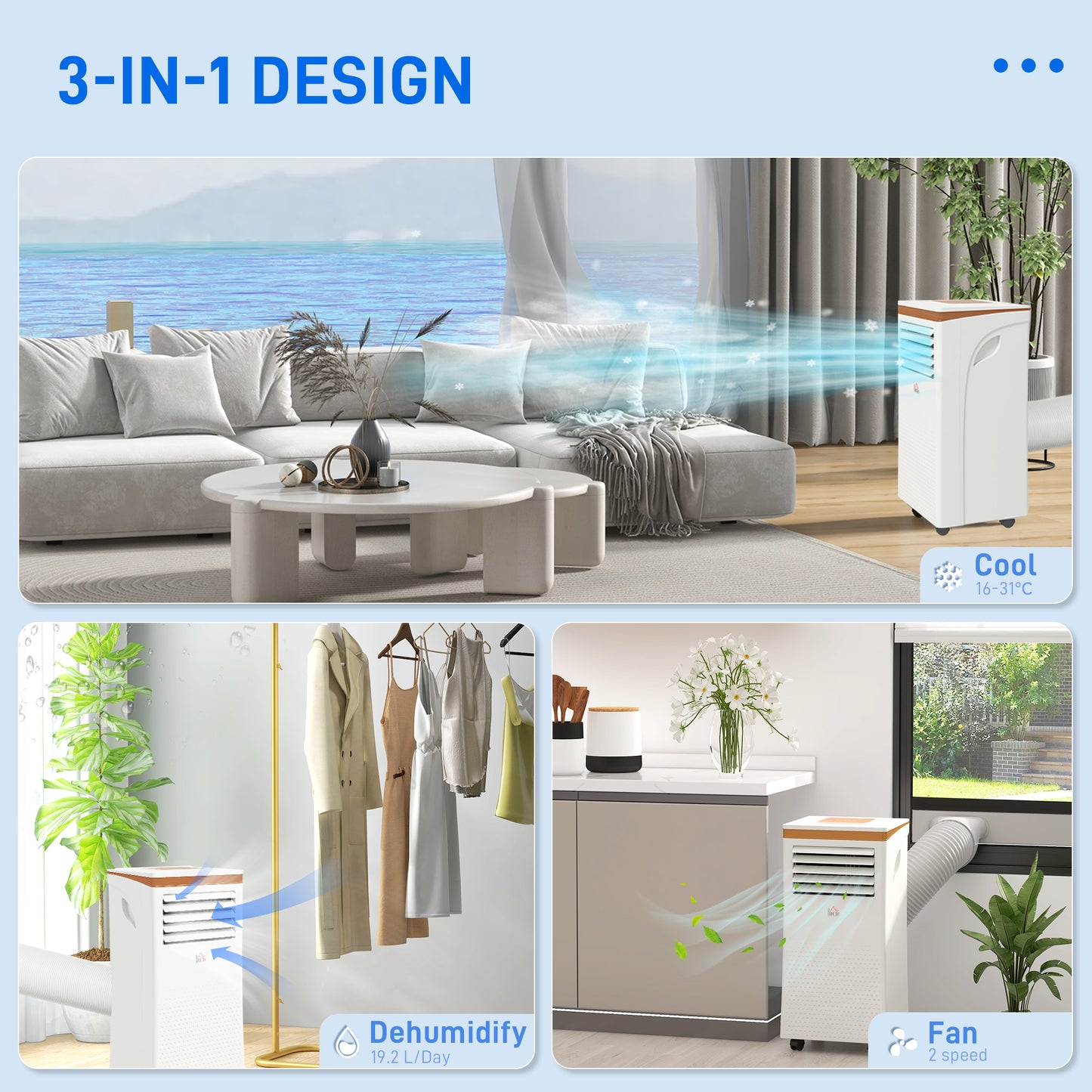 HOMCOM 9000 BTU Air Conditioning Unit, 3-in-1 Portable Air Conditioner, Dehumidifier, Cooling Fan with Remote, LED Display, 2 Speeds, 24H Timer, Window Venting Kit, 28m²
