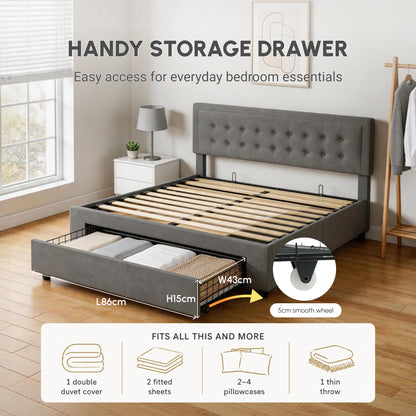 Gray upholstered bed with pull-out front storage drawer on wheels