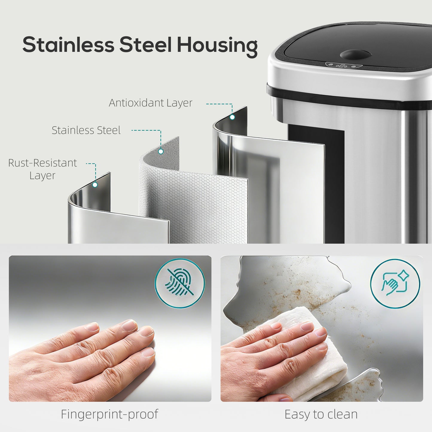HOMCOM 48L Motion Sensor Bin, Automatic Touchless Rubbish Bin with Fingerprint Resistant Stainless Steel for Kitchen, Hygienic Gyms, Home Office Use, Silver Tone