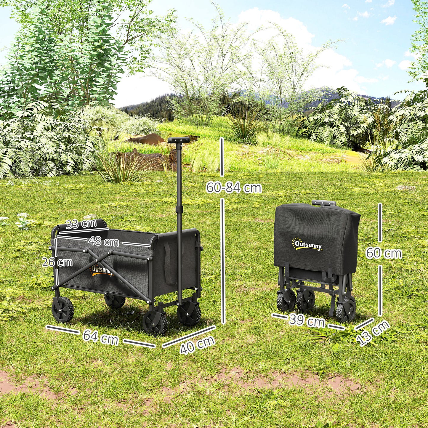 Outsunny 62L Festival Trolley on Wheels, Portable Small Folding Trolley Cart, 60kg Heavy Duty Collapsible Foldable Wagon with Adjustable Handle and Carrying Bag for Beach, Camping, Garden, Black