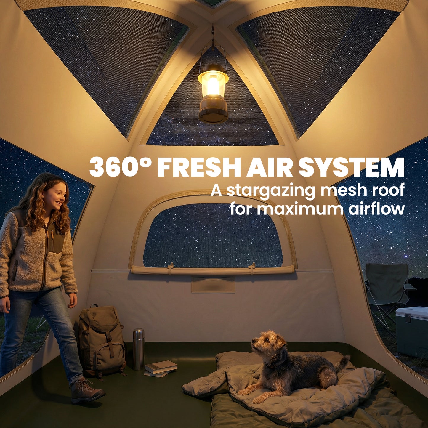 Outsunny Inflatable Camping Tent with Rainfly, 3 Man Air Tent 3000mm Waterproof Blow Up Tents, Beige