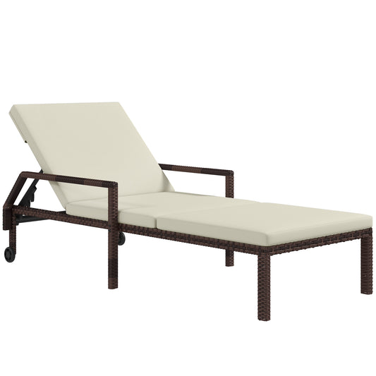 Photo of Outsunny Outdoor Sun Lounger, Rattan Wicker Chaise Recliner with 5-Level Adjustable Backrest and 2 Wheels in Wheels colour on a white background