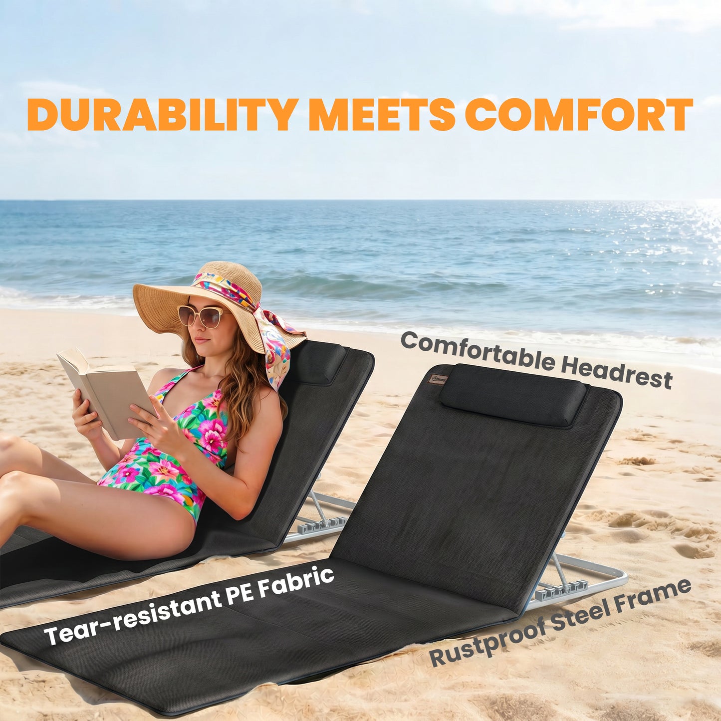 Outsunny Set of 2 Foldable Garden Beach Chair Mat Lightweight Outdoor Sun Lounger Seats Adjustable Back Metal Frame PE Fabric Head Pillow w/ Carry Bag, Black