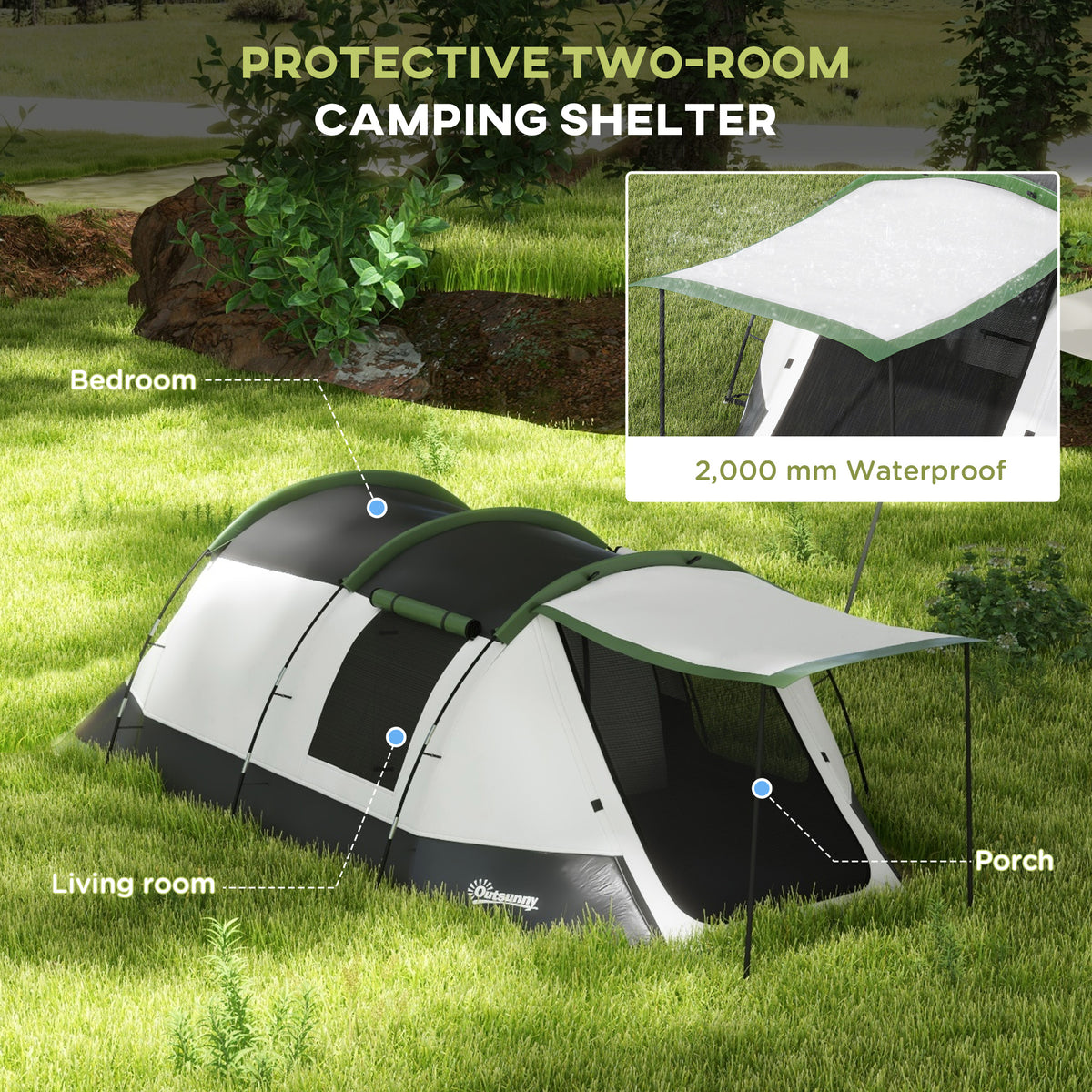 Outsunny 2 Man Camping Tent, with Two Rooms and Porch - Green