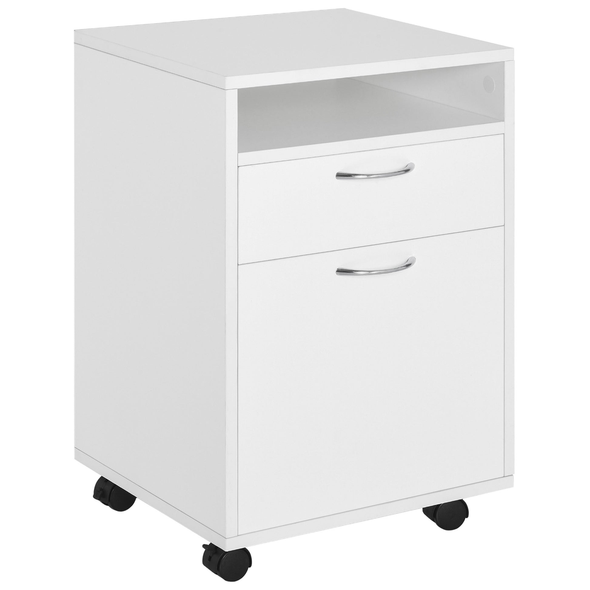Photo of HOMCOM Filing Cabinet, Mobile File Cabinet with 2 Lockable Drawers, Office Home Organiser on Wheels for A4, Letter-Size File Folders, Mobile Printer with Open Shelf, White in White colour on a white background