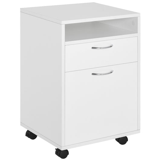 Photo of HOMCOM Filing Cabinet, Mobile File Cabinet with 2 Lockable Drawers, Office Home Organiser on Wheels for A4, Letter-Size File Folders, Mobile Printer with Open Shelf, White in White colour on a white background
