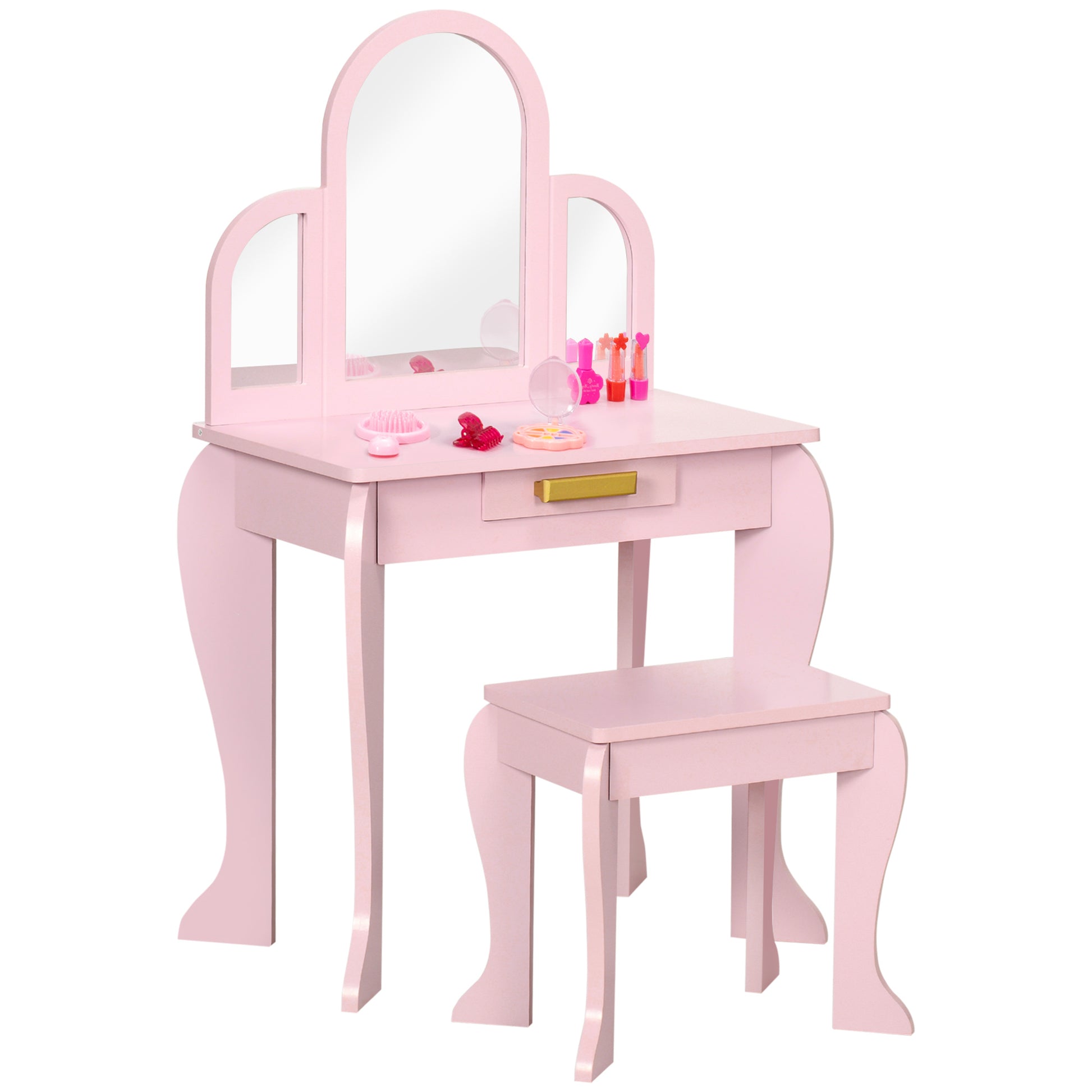 Photo of HOMCOM Kids Dressing Table Set, with Mirror and Drawer - Pink in Pink colour on a white background