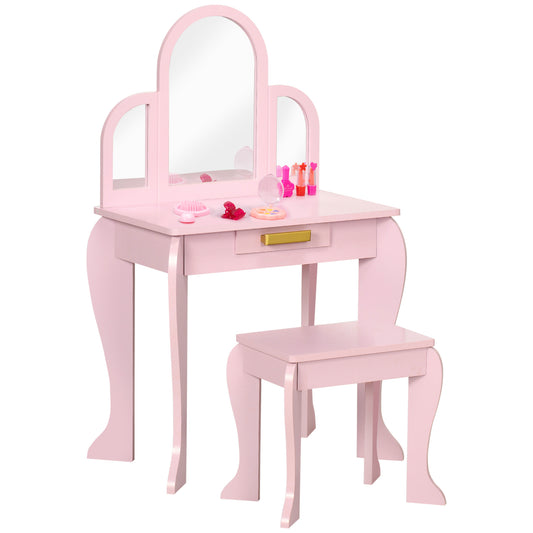 Photo of HOMCOM Kids Dressing Table Set, with Mirror and Drawer - Pink in Pink colour on a white background