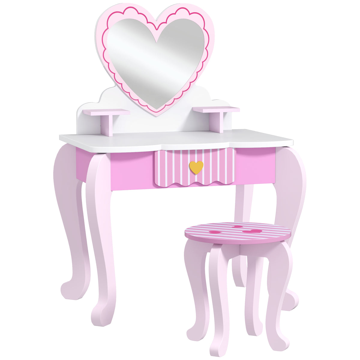 AIYAPLAY pink children's vanity set with heart-shaped mirror, shelves, drawer and matching stool
